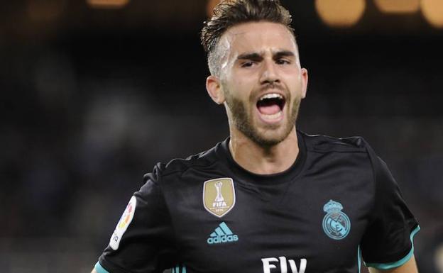 Borja Mayoral celebra el gol que marcó esta temporada en Anoeta. 