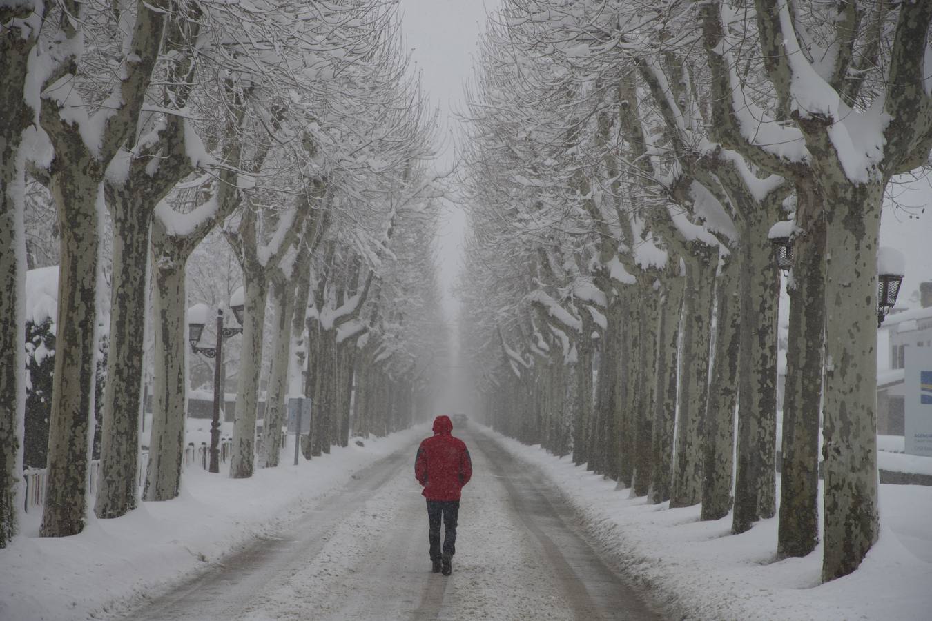 Una persona pasea por la localidad segoviana de El Espinar en medio de una intensa nevada.