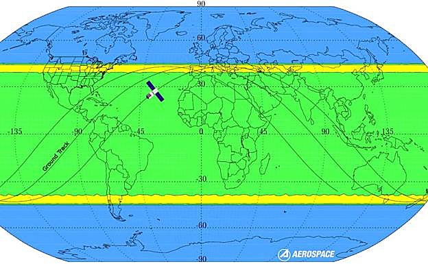 En amarillo, la zona de riesgo por la caída del satélite.
