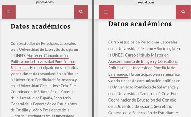 Imagen del currículum aportado por el procurador en las Cortes de Castilla y León. A la izquierda se acredita como Máster en Comunicación Política. Tras acreditarse que tal titulación no era posible sin Grado o Licenciatura Óscar Álvarez modificó el mismo. La Universidad Pontificia ha acreditado que 'no' es posible disponer de un Máster en el caso de Óscar Álvarez.