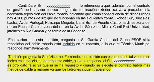 Imagen del acta de la reunión en la que se informa de que el cable no se ha repuesto. Los partes de trabajo -hasta cien en poder de leonoticias- demuestran todo lo contrario.