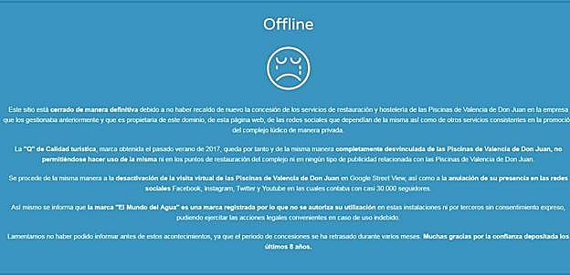 Imagen de la actual página web de las piscinas de Valencia de Don Juan