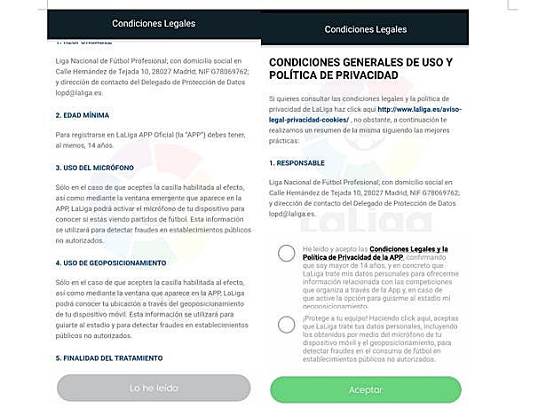 Condiciones que pide aceptar la APP.