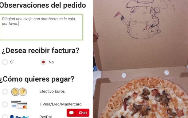 Observación en el pedido y dibujo en la caja de la pizza.