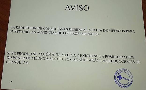 Aviso en el Centro de Salud de Matanza. 