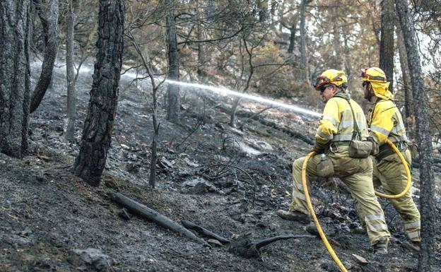 trabajadores de ATBRIF.en las labores de extinción de un incendio forestal.