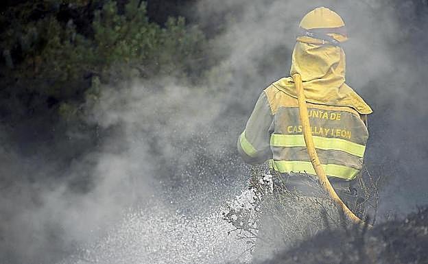 Un brigadista durante las labores de extinción de un incendio.