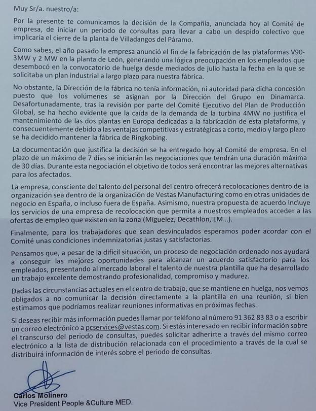 Imagen de la carta remitida por Vestas a la que ha tenido acceso leonoticias.