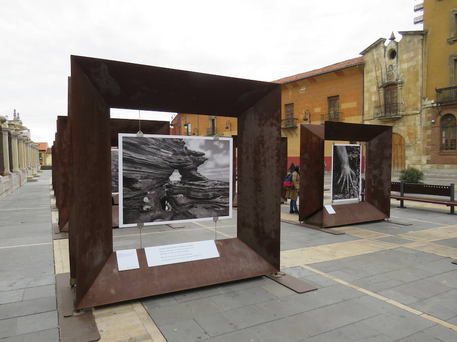 El primer teniente de alcalde, Fernando Salguero, el director de Área de Negocio de CaixaBank en León, Carlos Arruti, y el representante de la obra de Sebastião Salgado en España, Miguel González, inauguran la exposición 'Sebastião Salgado. Génesis. Arte en la calle'.