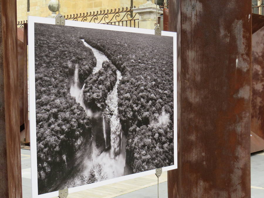 El primer teniente de alcalde, Fernando Salguero, el director de Área de Negocio de CaixaBank en León, Carlos Arruti, y el representante de la obra de Sebastião Salgado en España, Miguel González, inauguran la exposición 'Sebastião Salgado. Génesis. Arte en la calle'.