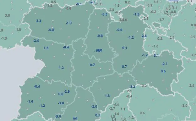 Temperaturas mínimas registradas en la madrugada de este lunes en Castilla y León. 