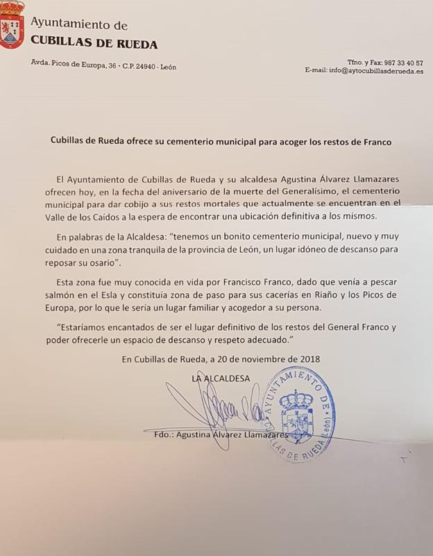 Imagen de la carta remitida por la alcaldesa.