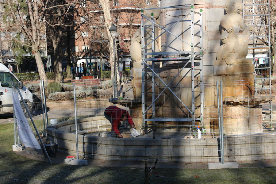 Fotos: Trabajos de limpieza en la fuente de Neptuno