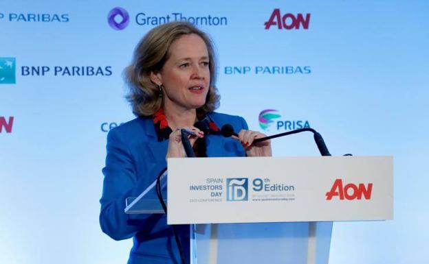 La ministra de Economía, Nadia Calviño, durante su intervención en el Spain Investors Day.