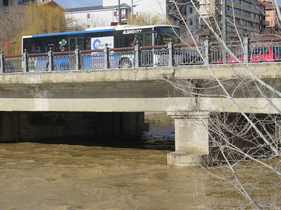 La credida del río Bernesga a su paso por la capital ha obligado al cierre de las pasarelas