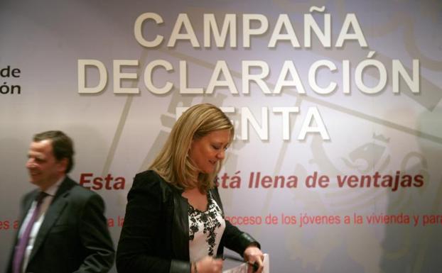 Pilar del Olmo, durante la presentación de una campaña del Impuesto sobre la Renta de las Personas Físicas.