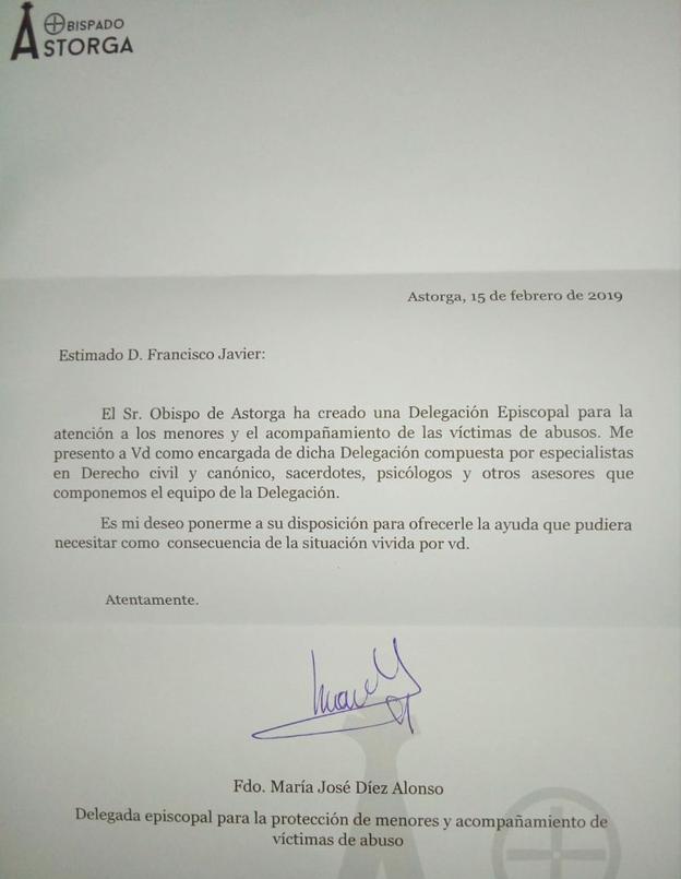 Imagen de la carta remitida por el Obispado de Astorga a una de las víctimas de abusos sexuales.