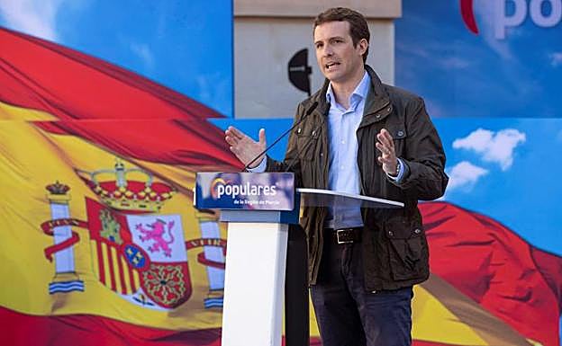 El presidente del PP Pablo Casado, hoy durante su intervención en el acto de presentación de la candidata a la alcaldía de Cartagena Noelia Arroyo. 