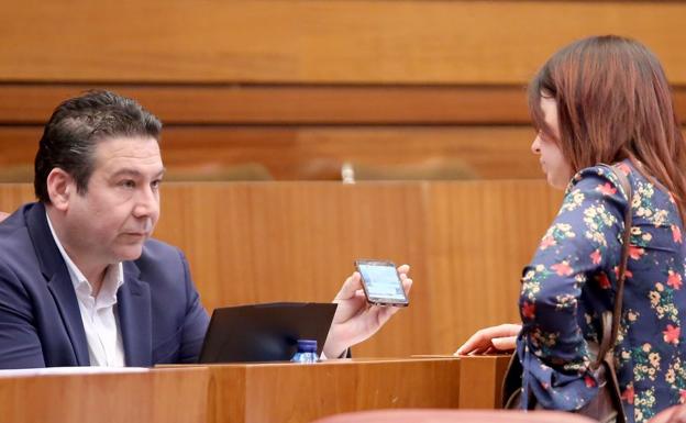 El procurador de UPL, Luis Mariano Santos, conversa con la procuradora de Podemos Lorena González durante la celebración del Pleno de las Cortes.