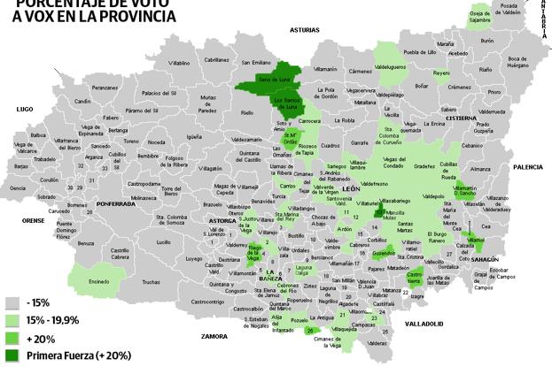 Mapa de la provincia de León del reparto de voto de VOX en los municipios con más apoyo.