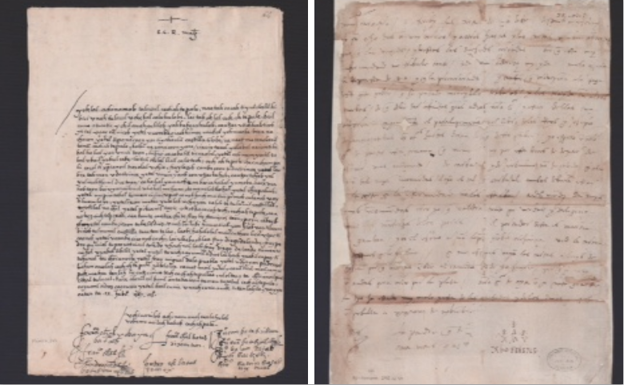 Izquierda: Carta en lengua maya de los caciques e indios principales de Yucatán solicitando que les enviasen religiosos franciscanos, en especial los que saben su lengua. Yucatán, 11 de febrero de 1567. Derecha: carta hológrafa de Cristóbal Colón a su hijo Diego encargándole varios asuntos. Sevilla, 25 de noviembre de [1504].