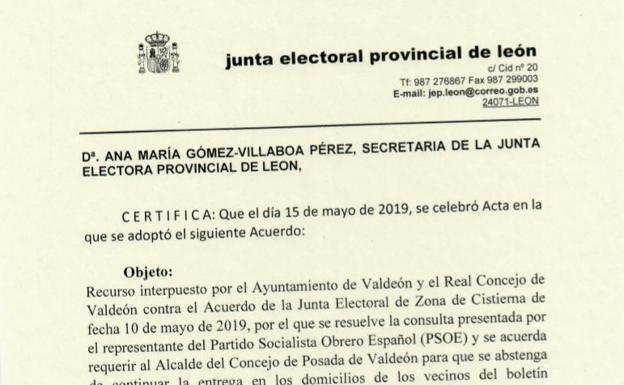 Imagen de la resolución de la junta electoral.