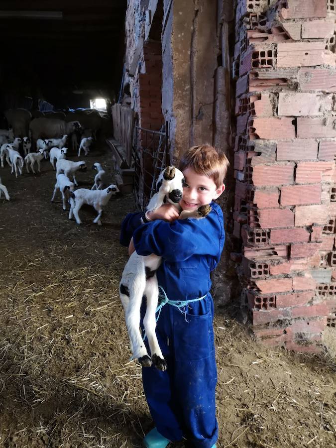 Daniel Fraile López abraza a un cordero recién nacido en Cubillo de Ojeda, un pueblo en el que solo viven durante todo el año sus padres y él. 