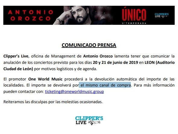Comincado de prensa anunciando la cancelación.