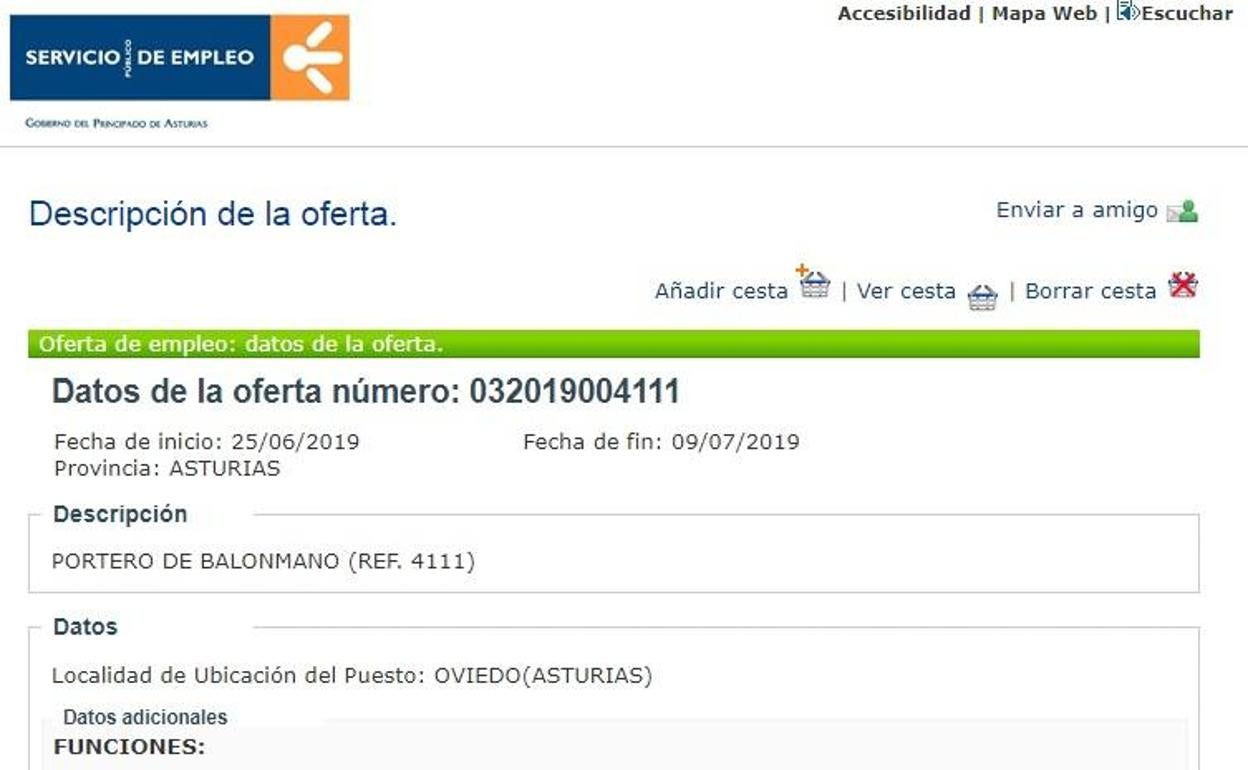 Oferta de empleo publicada en la web de Trabajastur.