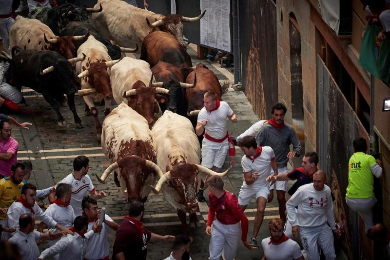 Fotos: Segundo encierro de San Fermín muy veloz y limpio de los toros de Cebada Gago