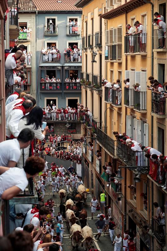 Fotos: Segundo encierro de San Fermín muy veloz y limpio de los toros de Cebada Gago