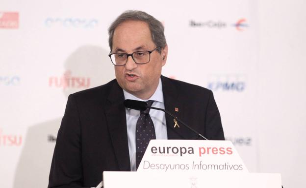 El presidente de la Generalitat, Quim Torra, durante su intervención en un Desayuno informativo de Europa Press.