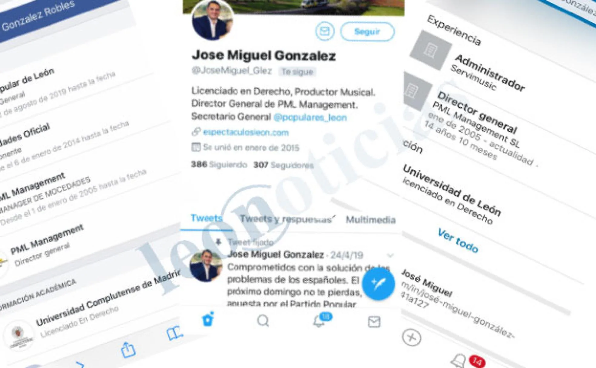 Redes sociales en las que el secretario general del PP de León mostraba su titulación en Derecho.
