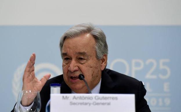 El secretario general de la ONU, Antonio Guterres, en la rueda de prensa en el IFEMA de Madrid.