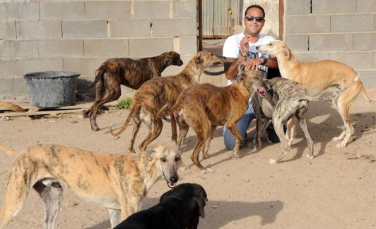 Fermín Pérez, rodeado de galgos. 