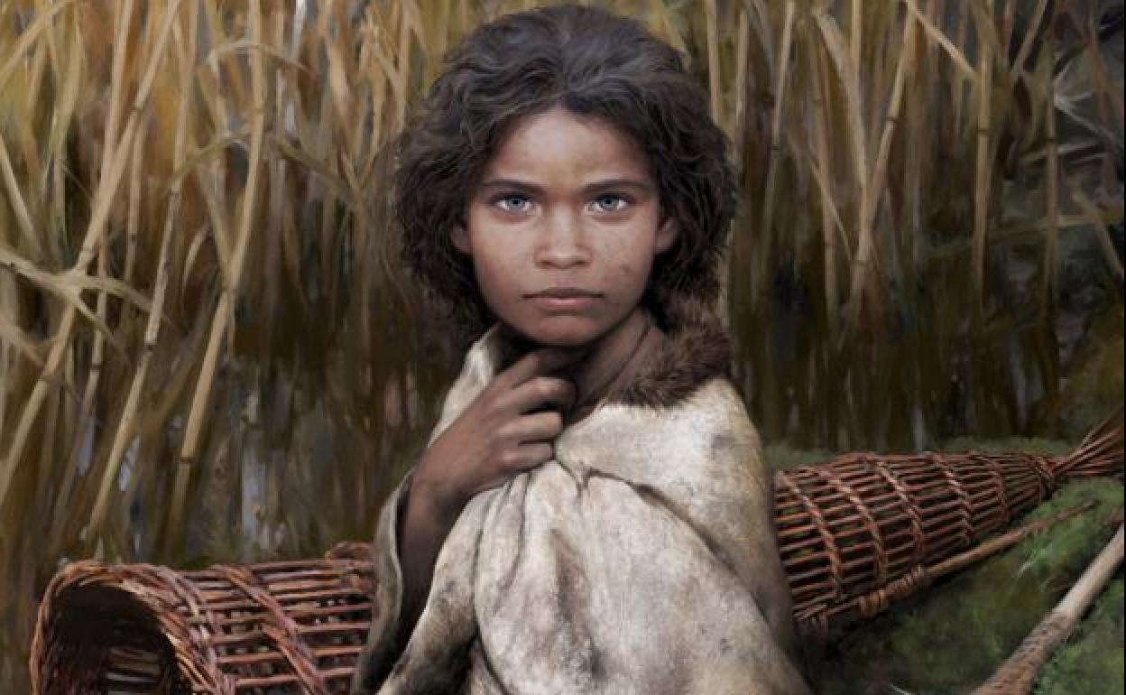 Reconstrucción artística de Lola y el trozo de chicle que masticó hace 5.700 años..