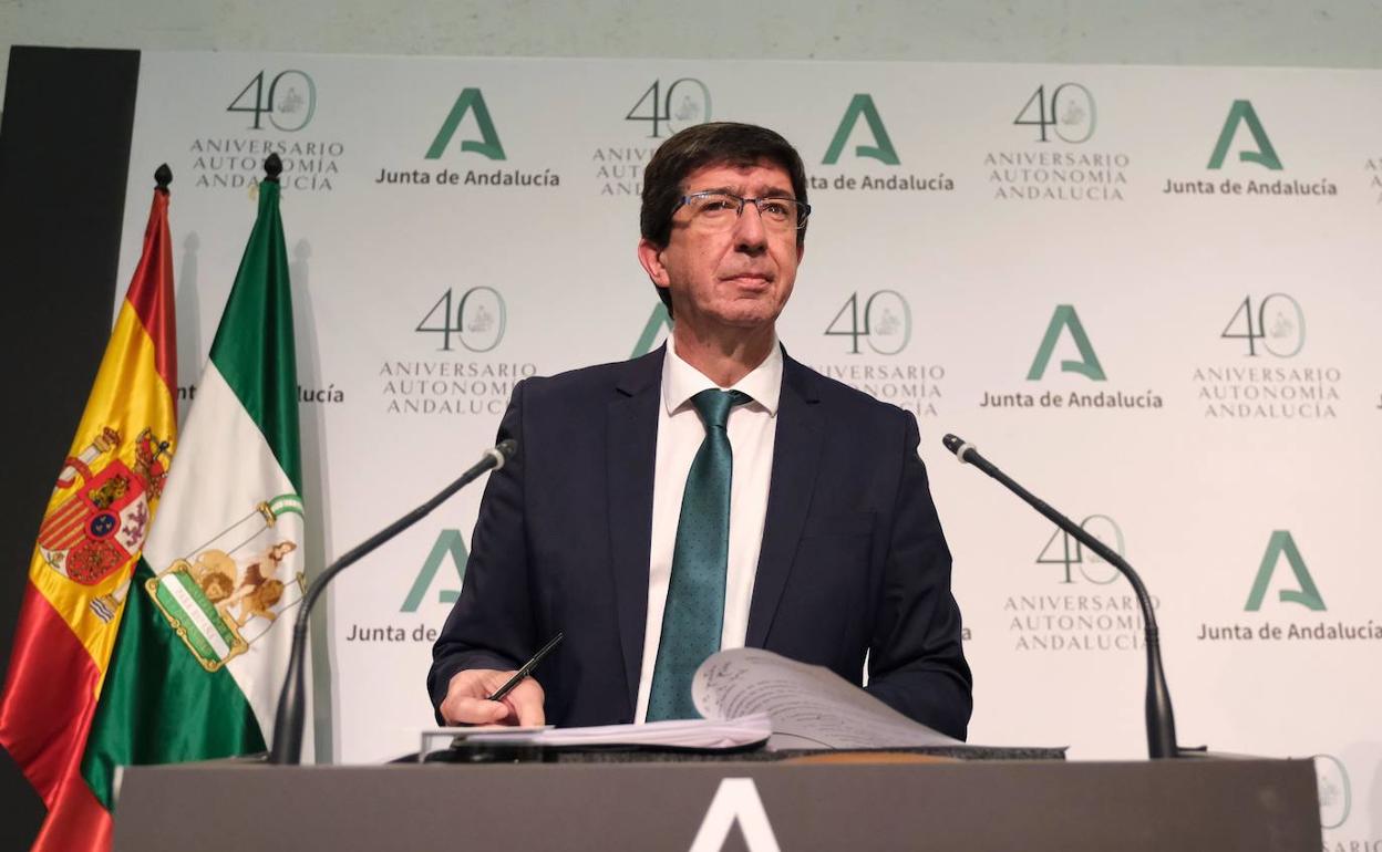 Juan Marín, vicepresidente de la Junta de Andalucía, en la comparecencia de este miércoles.