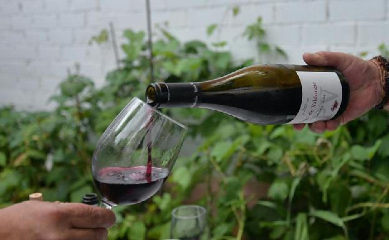 Una botella y copa de vino. 