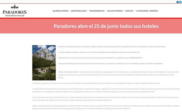 Captura de pantalla de la web de Paradores.