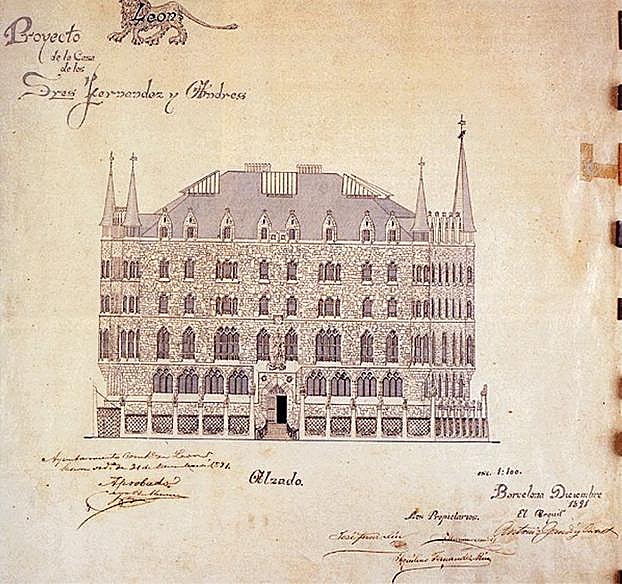 Alzado realizado por Gaudí del edificio 'casa Botines'.