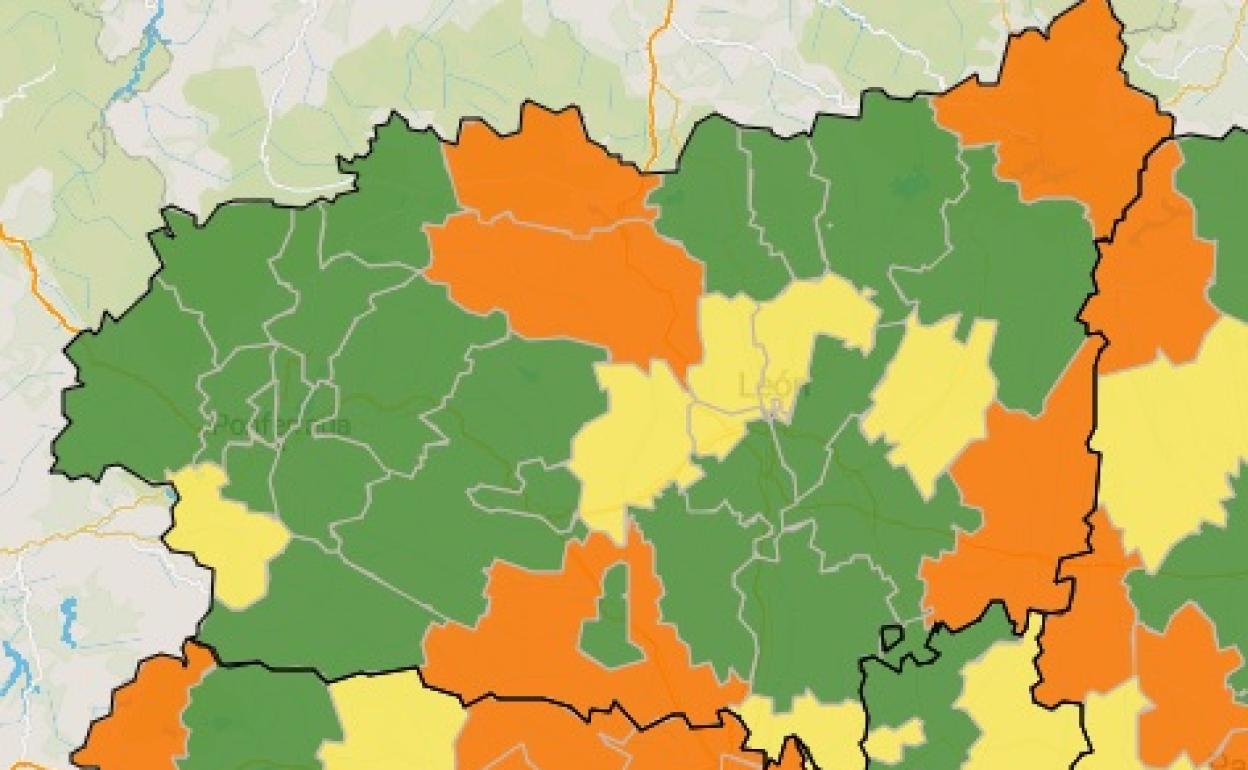 Mapa de incidencia del virus en León. 