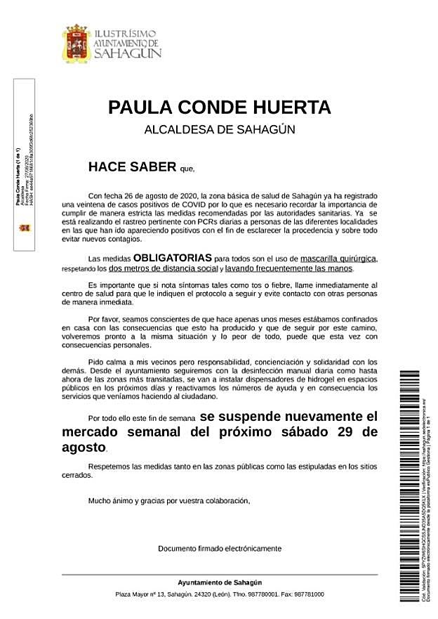 Bando emitido por la alcaldesa. 