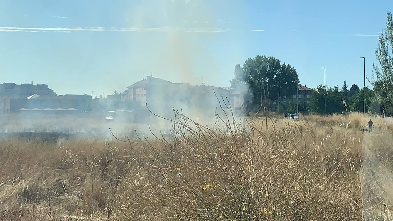 Una dotación de Bomberos de la capital leonesa ha tenido que intervenir para sofocar las llamas, que han arrasado la maleza de la parcela. 