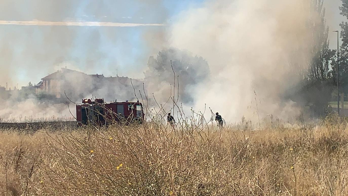 Una dotación de Bomberos de la capital leonesa ha tenido que intervenir para sofocar las llamas, que han arrasado la maleza de la parcela. 