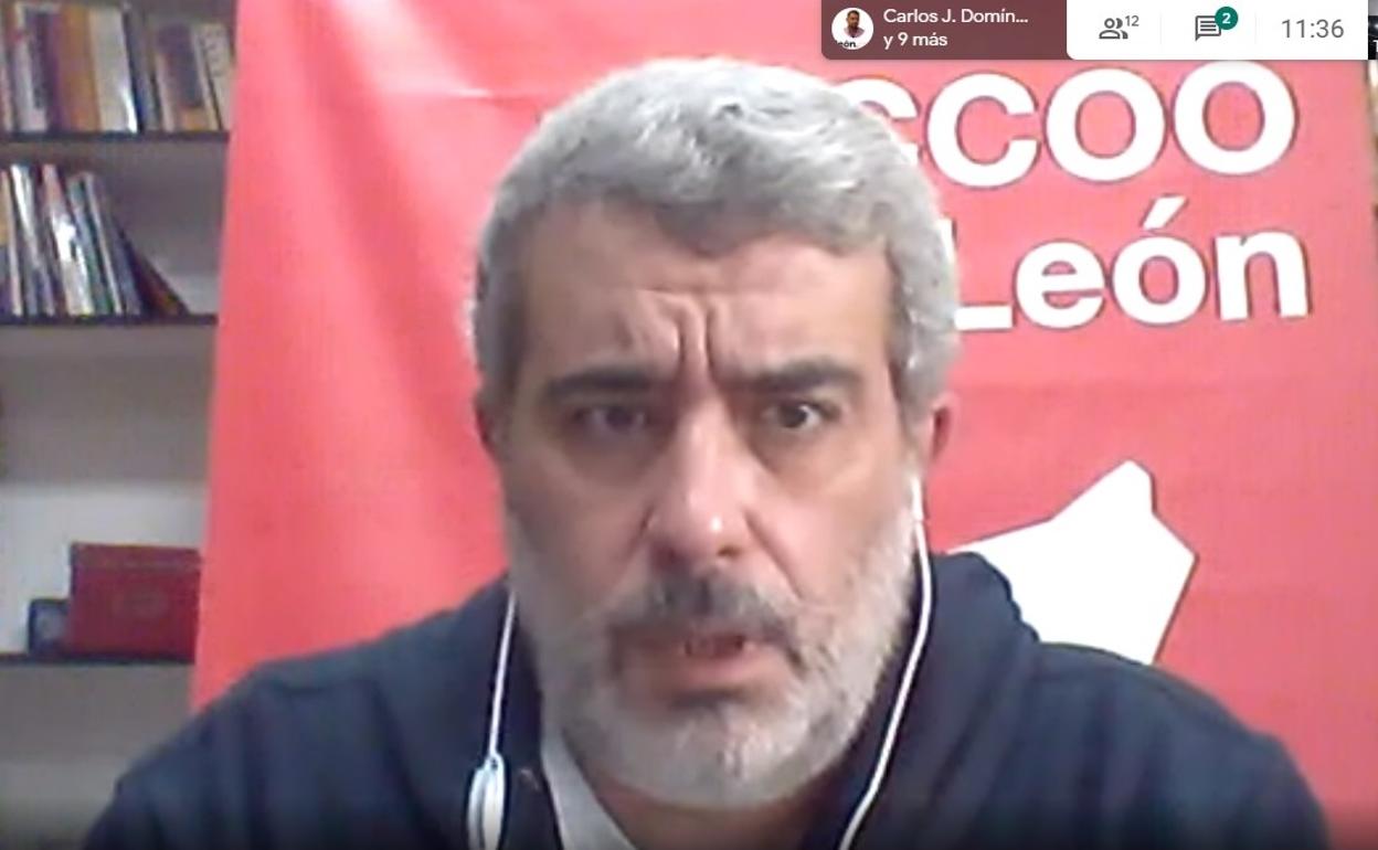 Xosepe Vega, secretario general de CCOO en León, durante la rueda de prensa telemática de este jueves.