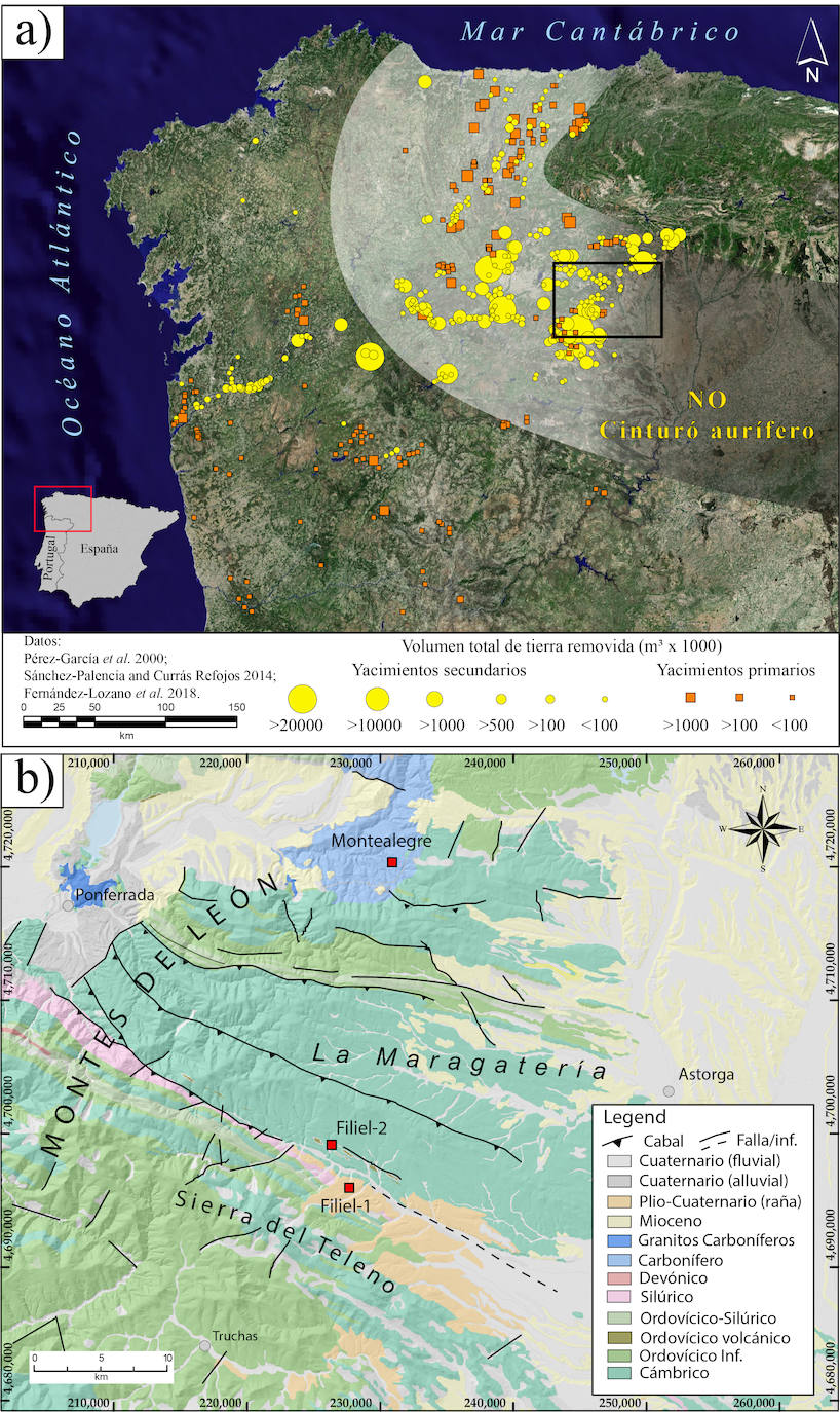 Ubicación de labores mineras y mapa geológico de los sectores estudiados.