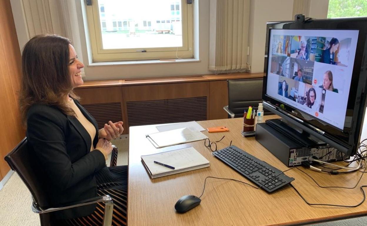 La consejera de Empleo e Industria, Ana Carlota Amigo, en la reunión telemática con representantes del Incibe.