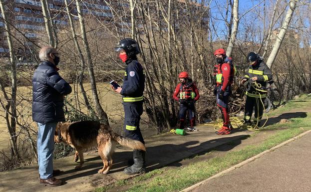 Los bomberos de León hablan con el dueño del perro, ya ha salvo en tierra.