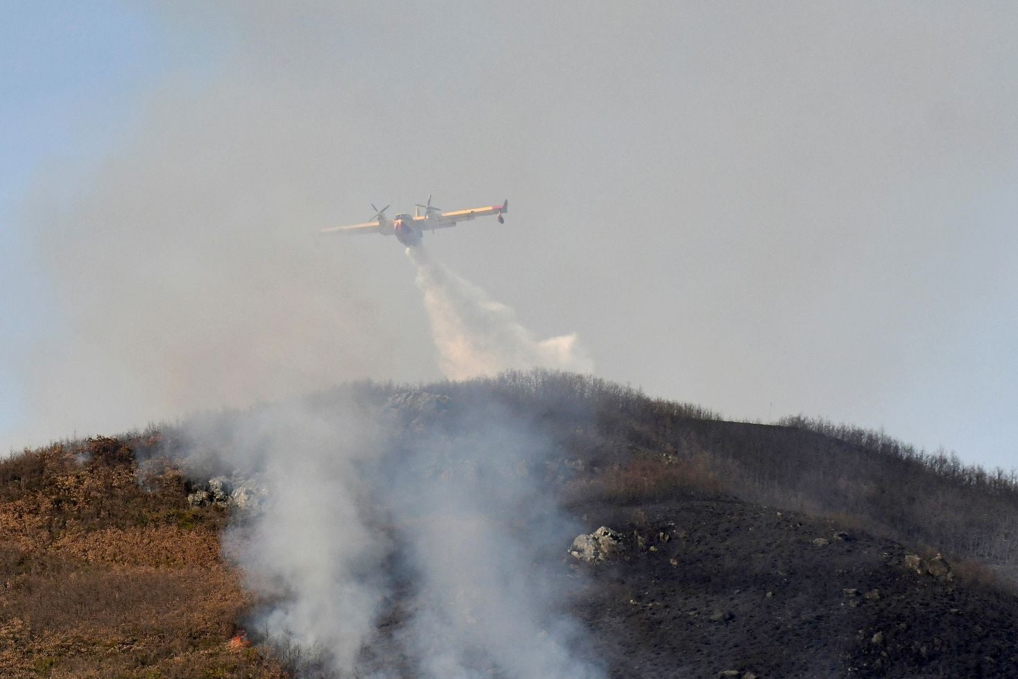 Las llamas, que asolan la ladera del pinar del Pico Muela, han obligado a actuar a medios terrestres y dos helicópteros.