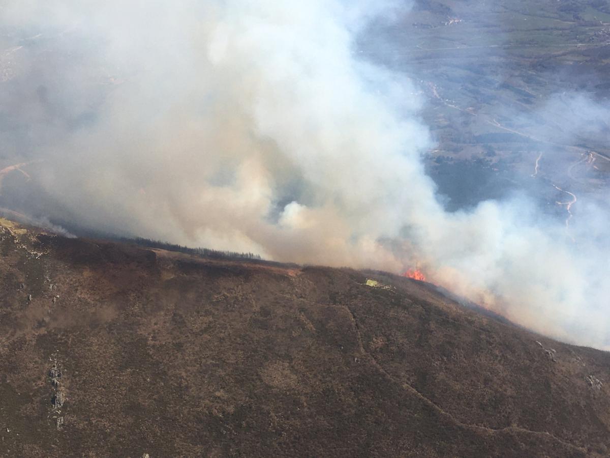 Las llamas, que asolan la ladera del pinar del Pico Muela, han obligado a actuar a medios terrestres y dos helicópteros.